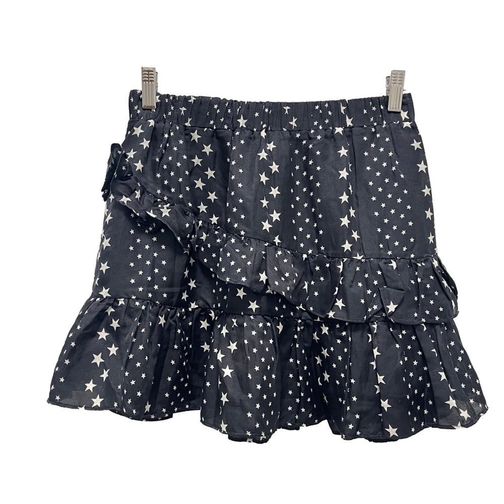 LoveShackFancy Emma Ruffled Black Satin Star Mini Skirt Size Medium